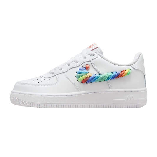 Nike - Kid's Air Force 1 Low GS 'Rainbow Lace Swoosh' - White/Multi-Color / Terra Blush / Vapor Green