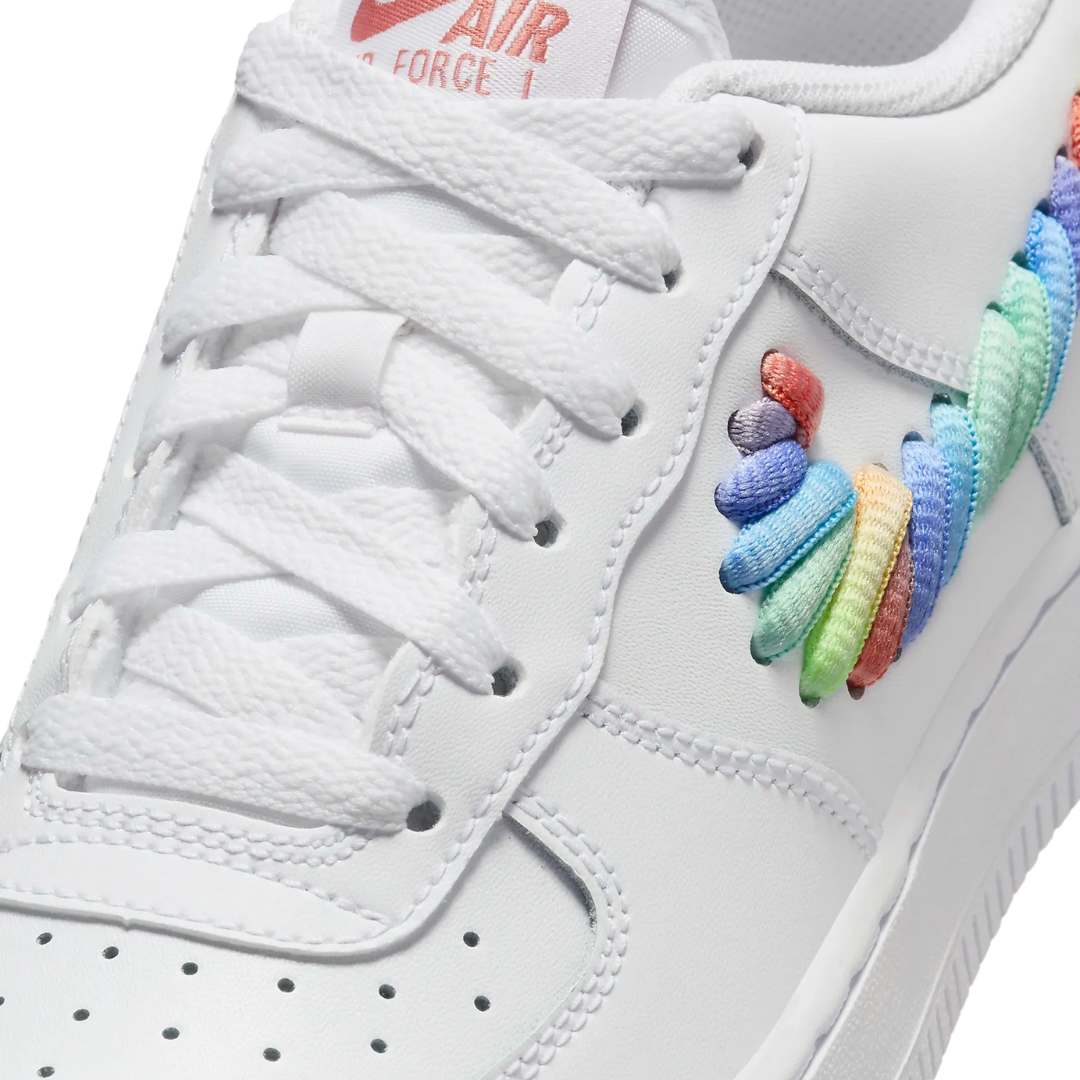 Nike - Kid's Air Force 1 Low GS 'Rainbow Lace Swoosh' - White/Multi-Color / Terra Blush / Vapor Green