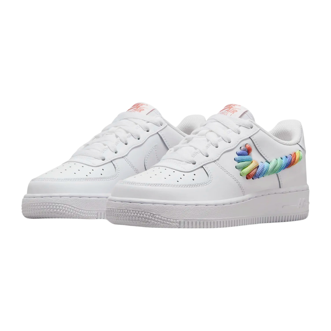 Nike - Kid's Air Force 1 Low GS 'Rainbow Lace Swoosh' - White/Multi-Color / Terra Blush / Vapor Green