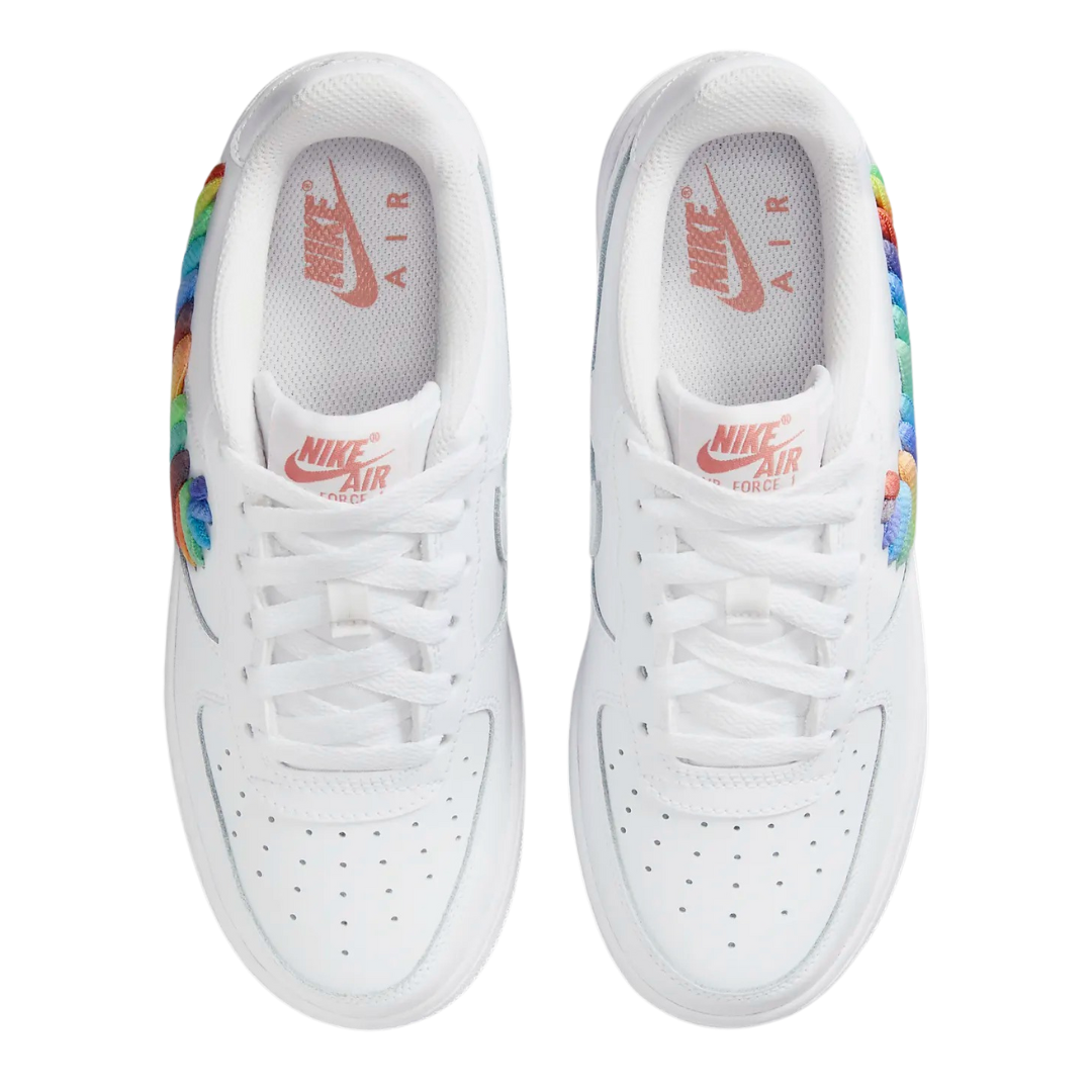 Nike - Kid's Air Force 1 Low GS 'Rainbow Lace Swoosh' - White/Multi-Color / Terra Blush / Vapor Green