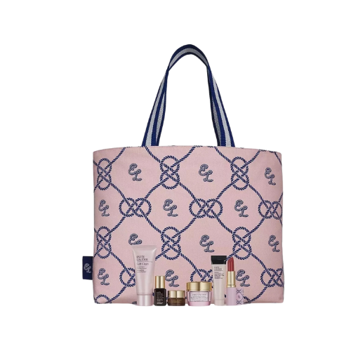 Estee Lauder 7 Piece Resilience Skincare Makeup Nautical Pink Beach Tote Set